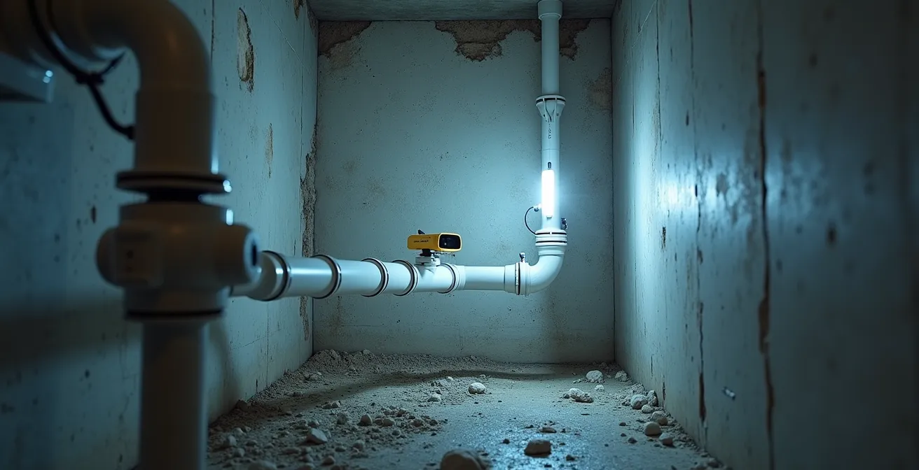 Système de plomberie ancien en train d'être rénové avec des technologies modernes sans démolition, comme la caméra d'inspection et chemisage