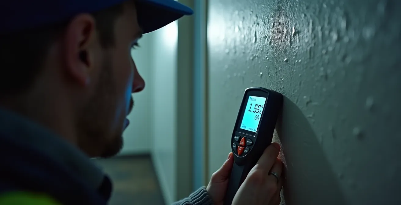 Illustration d'un technicien utilisant un humidimètre pour mesurer l'humidité dans un mur après un dégât d'eau au Québec.