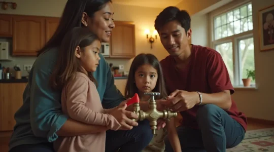 Une famille en train d'utiliser une vanne d'arrêt d'eau principale dans une maison, symbolisant la maîtrise et le calme en situation d'urgence plomberie