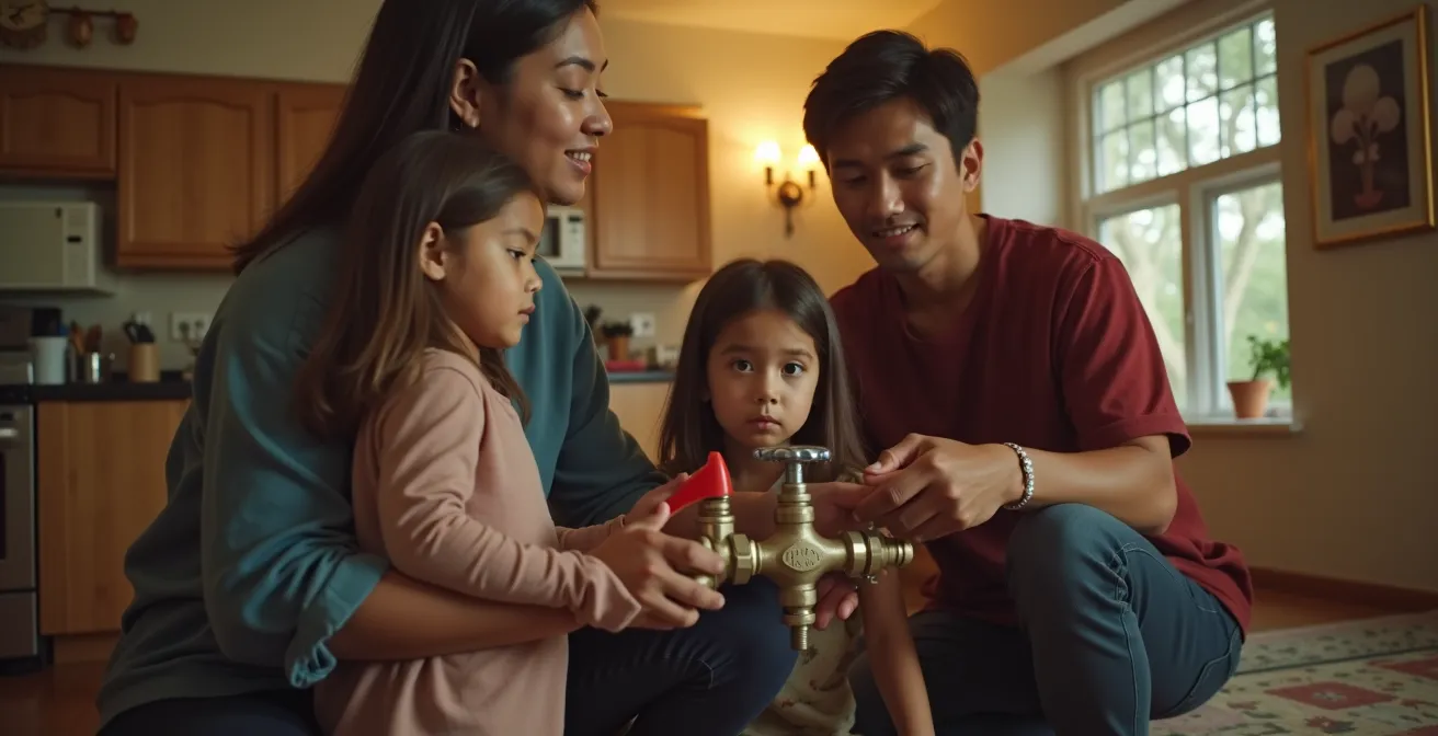 Une famille en train d'utiliser une vanne d'arrêt d'eau principale dans une maison, symbolisant la maîtrise et le calme en situation d'urgence plomberie