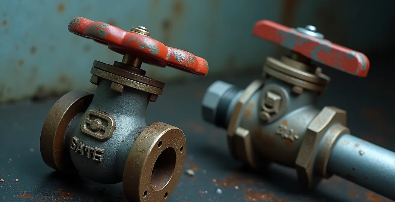 Comparaison visuelle détaillée d'une vanne à bille moderne et d'une vanne à guillotine ancienne