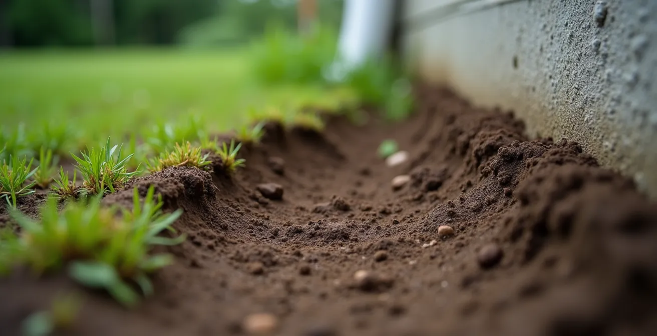Affaissement visible du terrain le long d'une fondation résidentielle