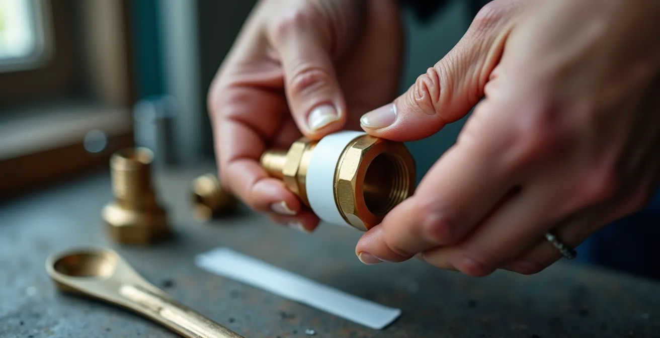 Mains appliquant du ruban Téflon blanc sur un raccord fileté en suivant le bon sens d'enroulement