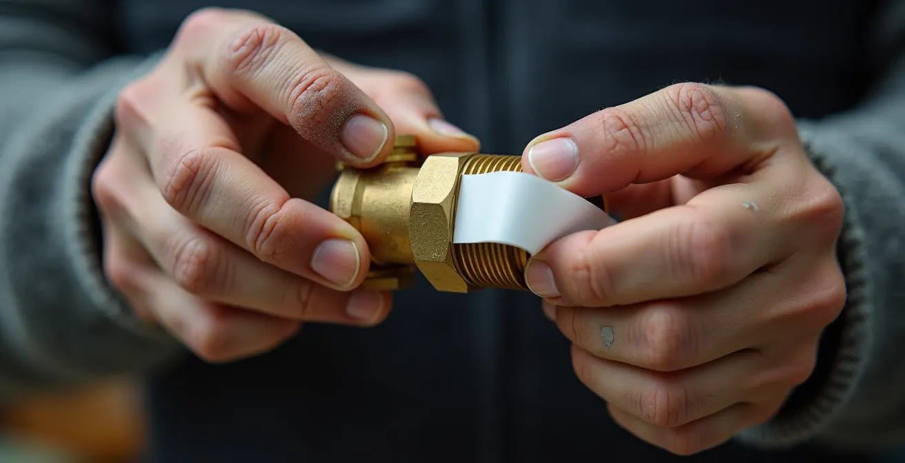 Gros plan macro sur des mains enroulant du ruban téflon dans le sens horaire sur un filetage de tuyau