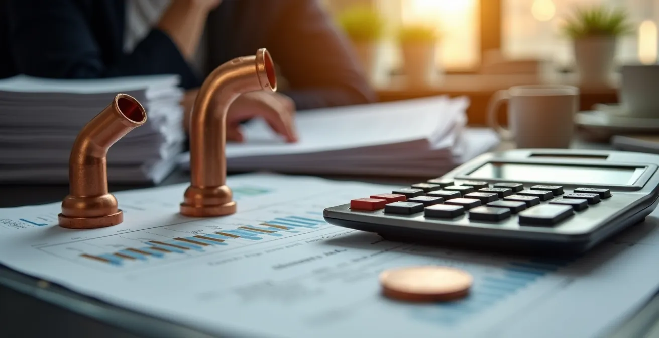 Calculatrice professionnelle posée sur des devis de plomberie avec graphique de coûts en arrière-plan
