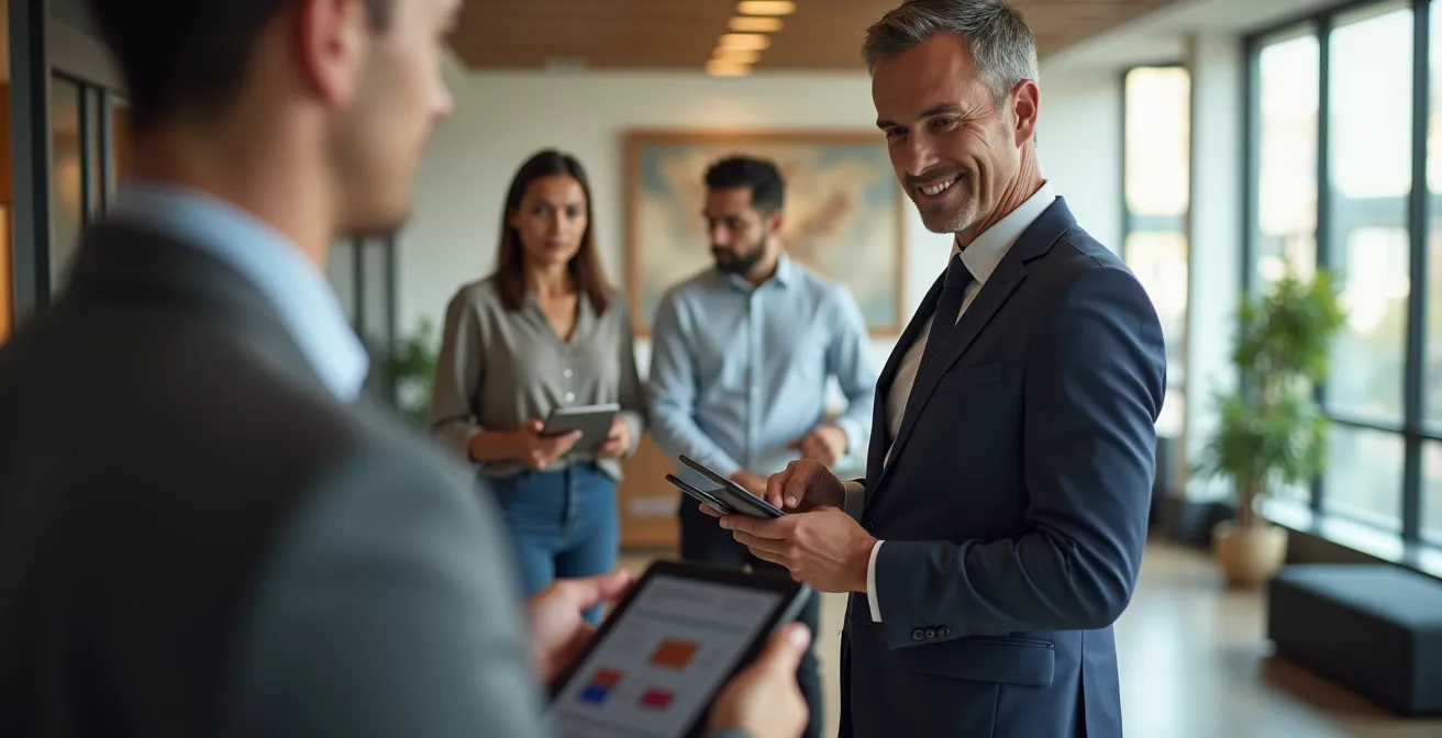 Gestionnaire d'immeuble consultant une tablette avec résidents en arrière-plan