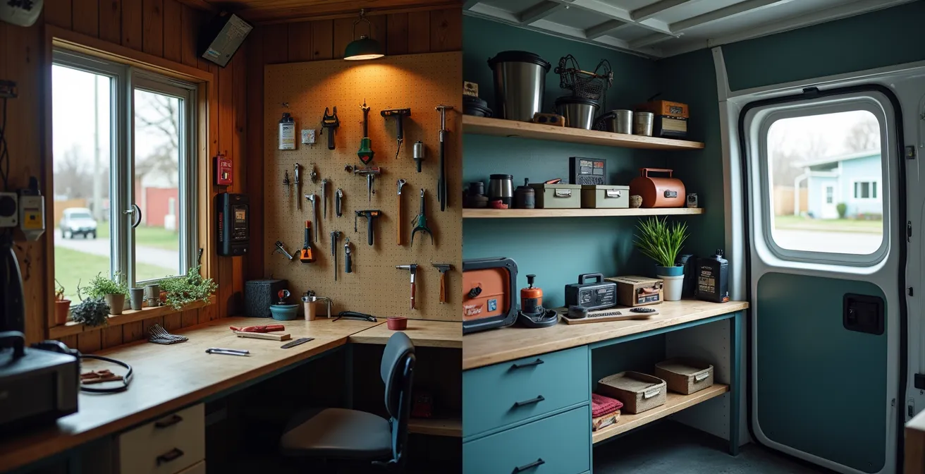 Vue divisée montrant un artisan plombier local d'un côté et une équipe d'entreprise de l'autre dans des environnements de travail québécois