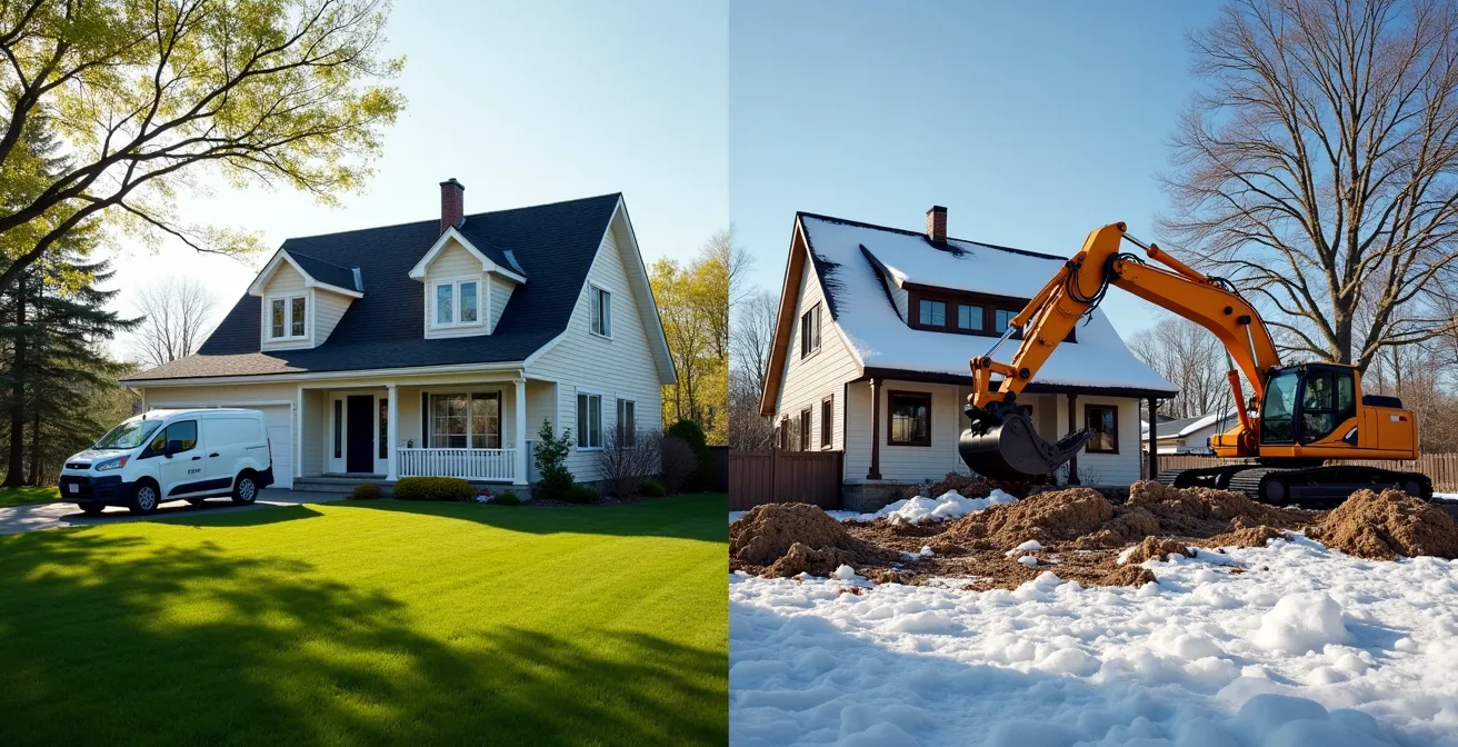 Contraste visuel entre une inspection préventive simple et une excavation d'urgence en hiver