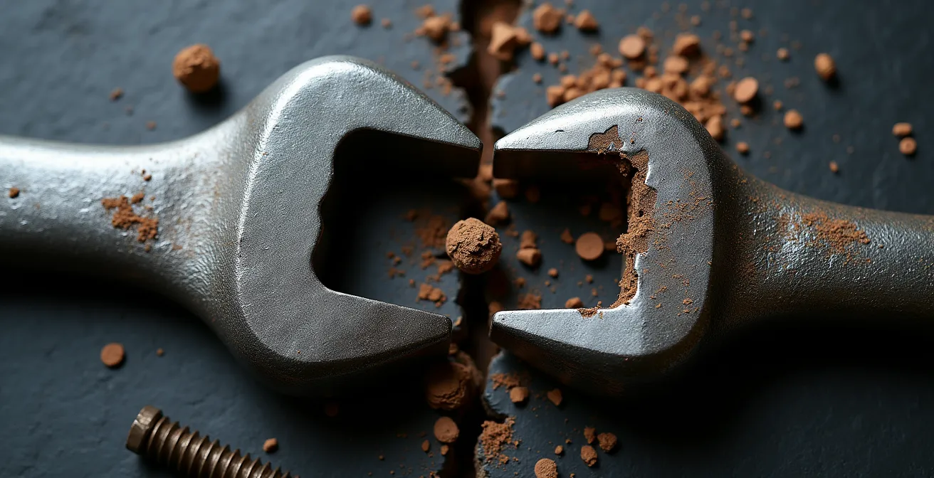 Coupe transversale montrant la différence entre l'acier forgé dense d'un outil de qualité et le métal coulé poreux d'un outil bas de gamme.