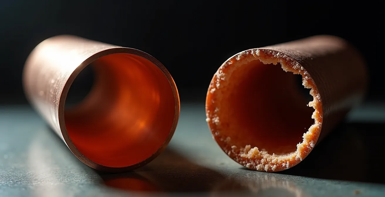 Comparaison visuelle entre un tuyau propre et un tuyau obstrué par le tartre