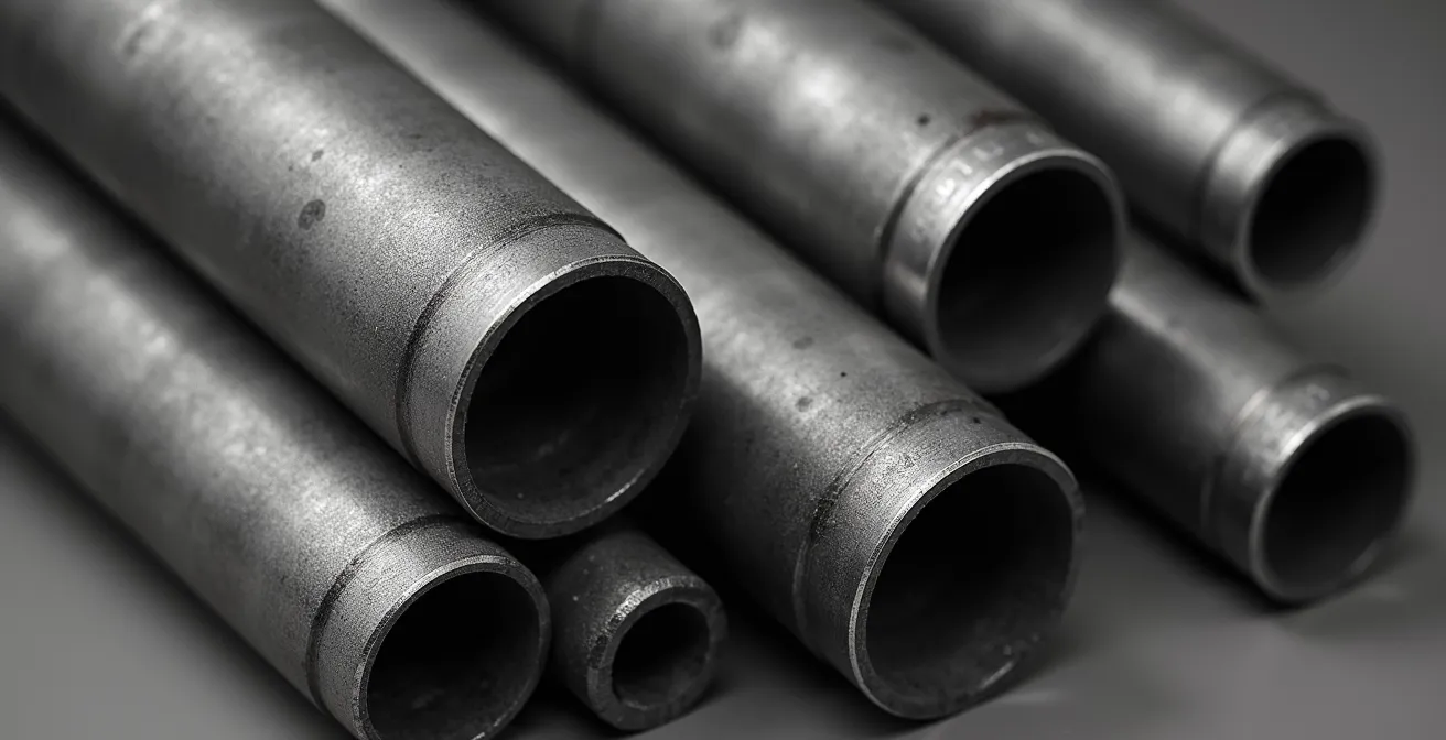 Arrangement symbolique de sections de tuyaux de différents diamètres montrant visuellement la différence de volume