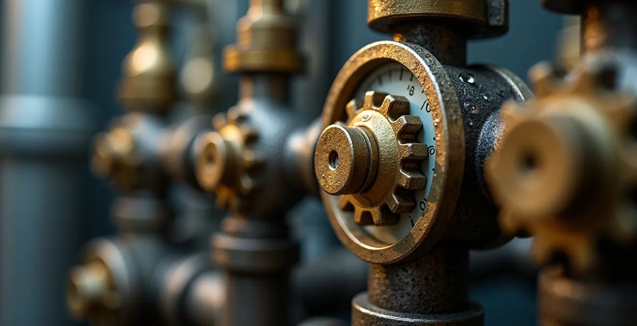 Vue macro d'un compteur d'eau avec cadran et mécanisme visible