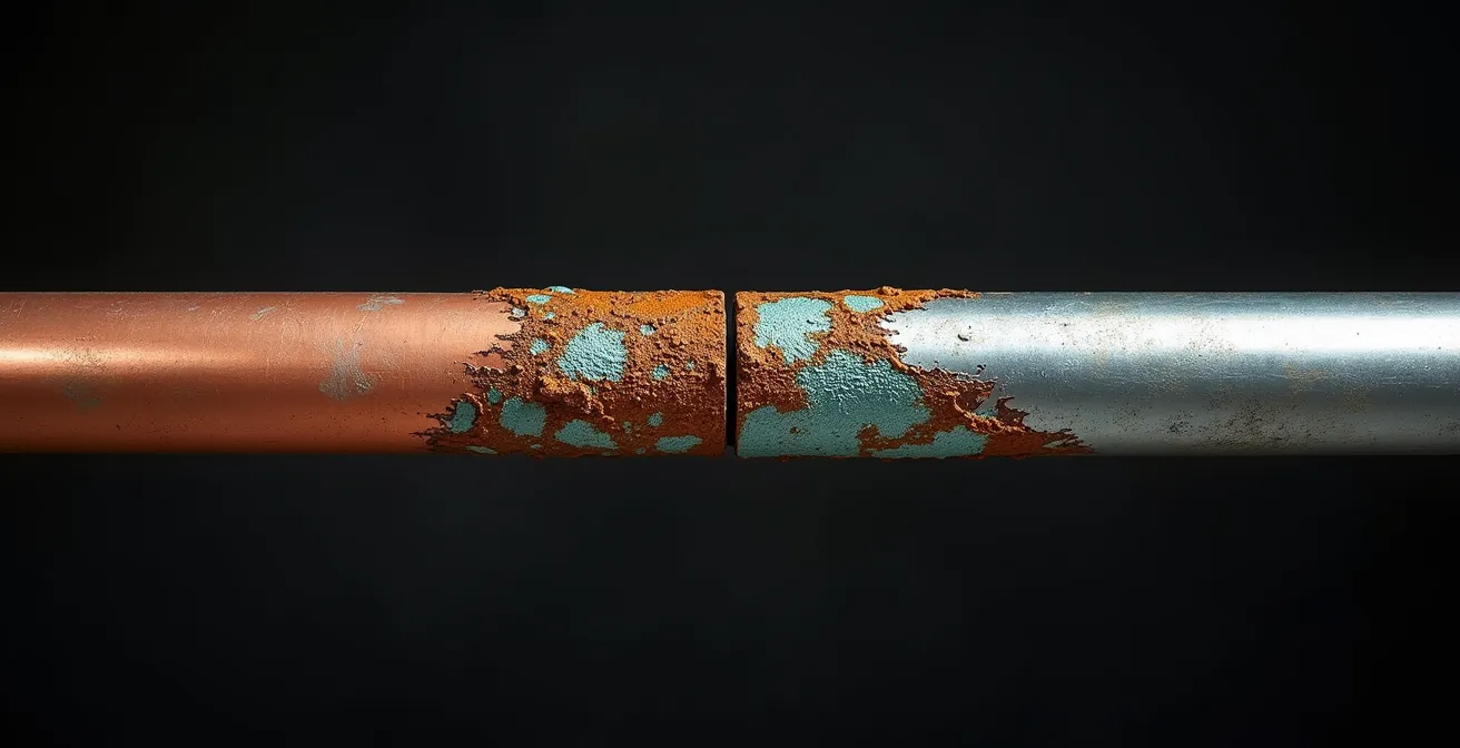 Coupe transversale d'un raccord montrant la corrosion galvanique entre deux métaux différents