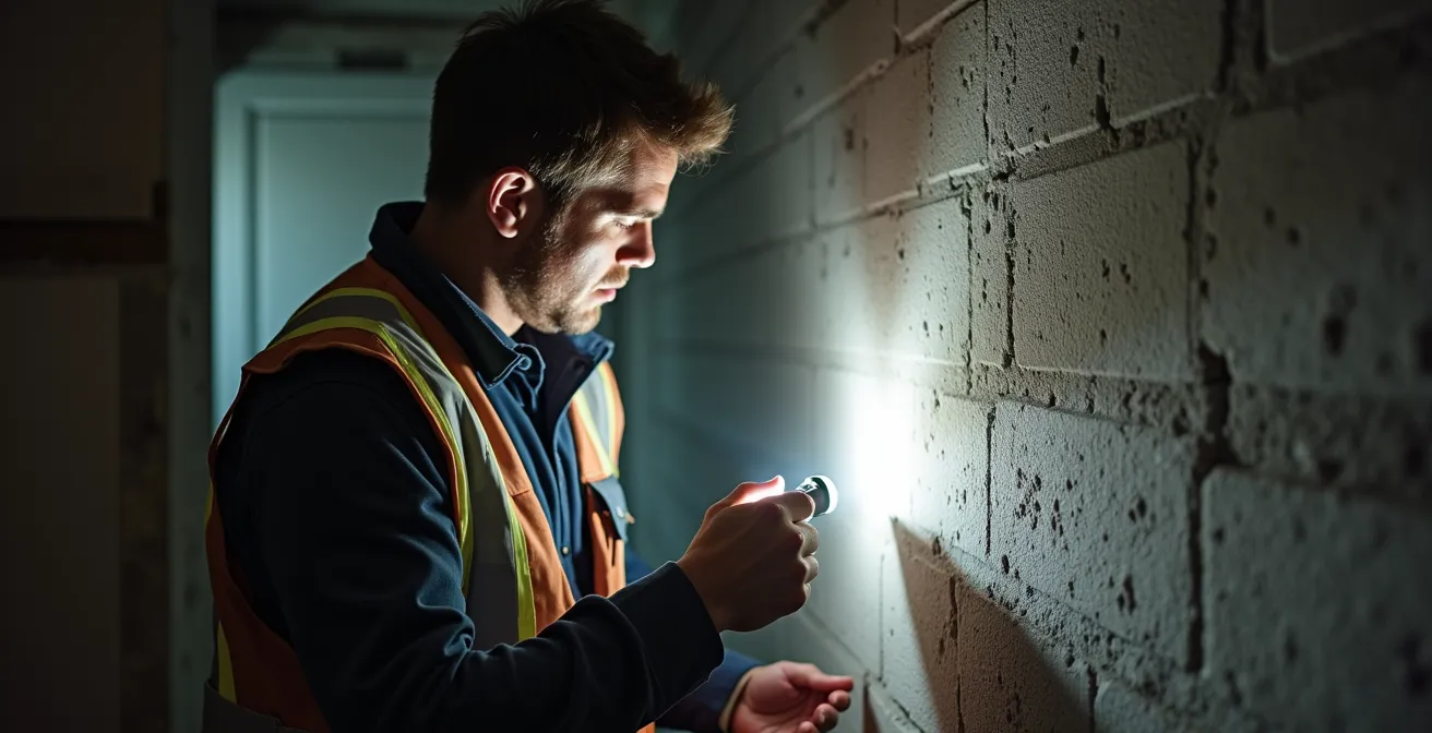 Propriétaire inspectant méthodiquement les zones d'infiltration potentielles dans un sous-sol