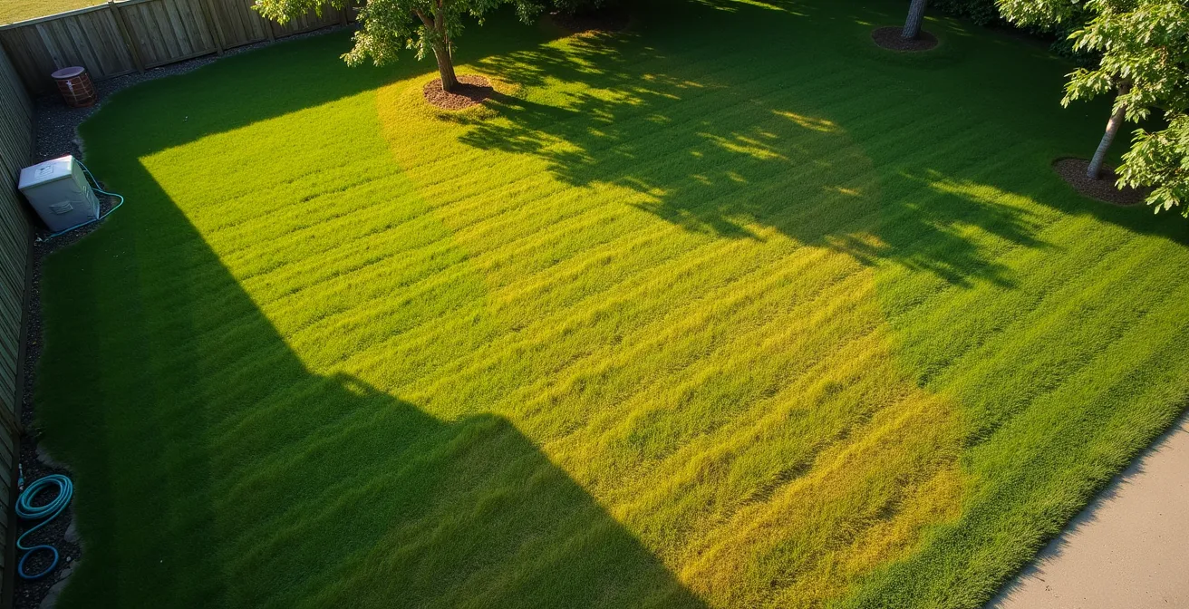 Vue aérienne d'une pelouse résidentielle montrant des zones d'affaissement subtiles