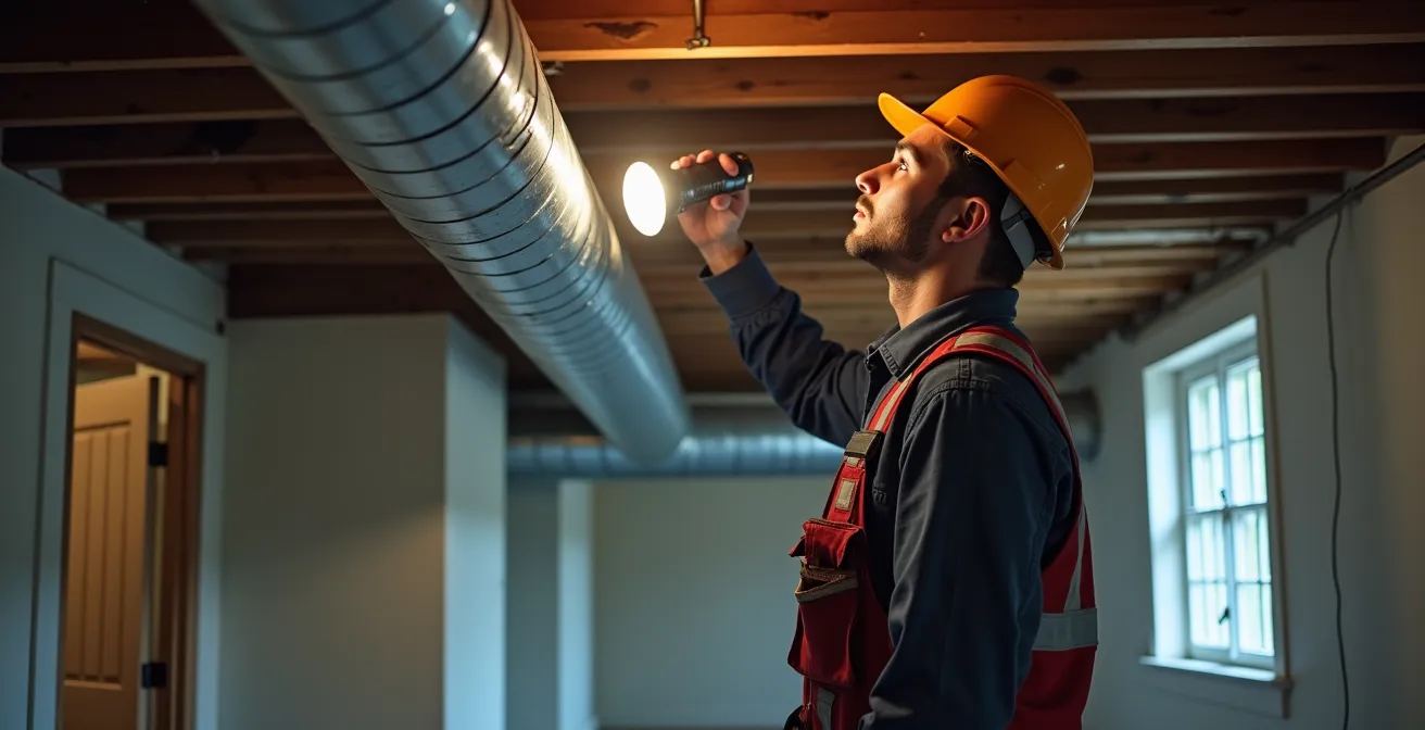 Vue d'un plombier inspectant la présence d'un tuyau d'évent dans les solives d'un sous-sol