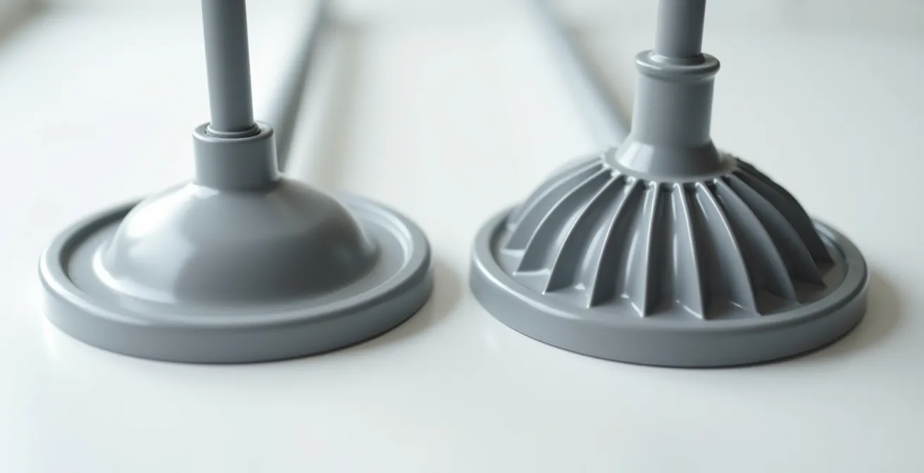 Comparaison macro de deux types de ventouses : à coupe plate et à soufflet pour toilettes