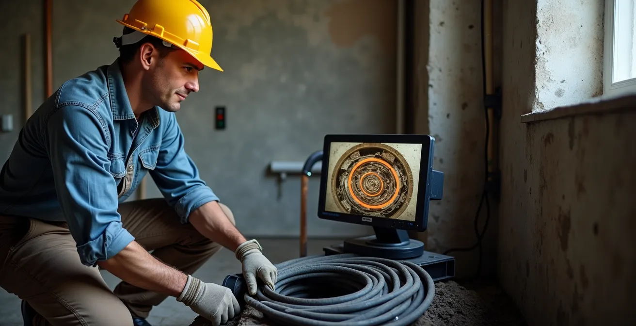 Technicien effectuant une inspection par caméra d'un drain français dans un sous-sol
