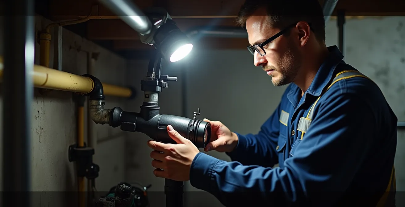 Technicien utilisant une caméra d'inspection dans un système de drainage résidentiel