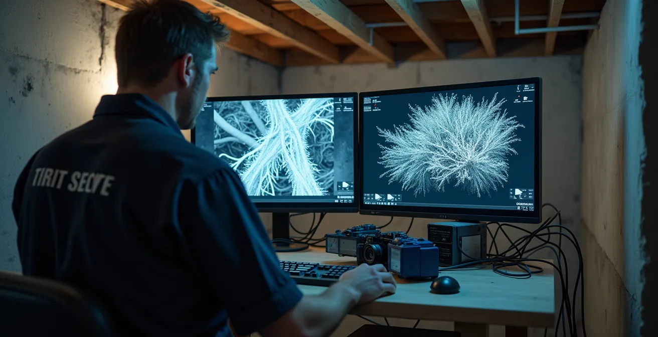 Vue d'inspection par caméra montrant des racines d'érable envahissant un drain principal