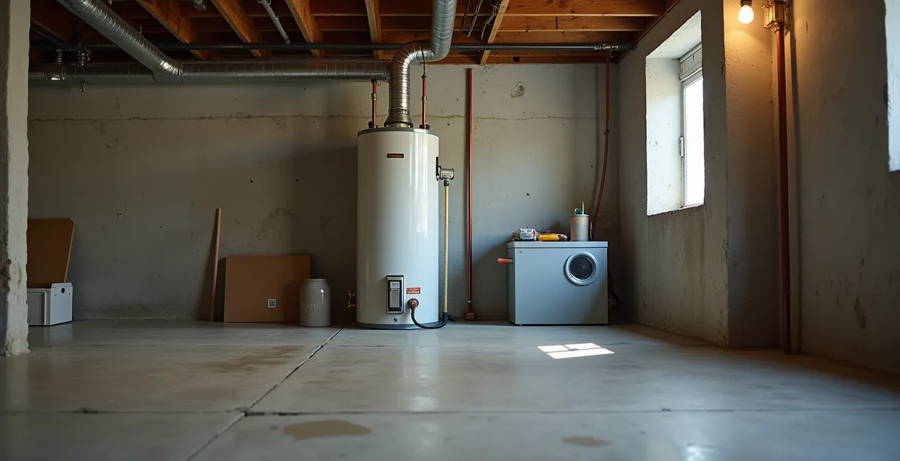 Vue d'ensemble d'un chauffe-eau montrant les zones critiques d'inspection dans un sous-sol avec bac de rétention