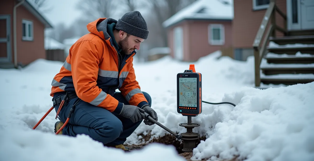 Technicien inspectant une canalisation au printemps avec équipement spécialisé dans un contexte québécois