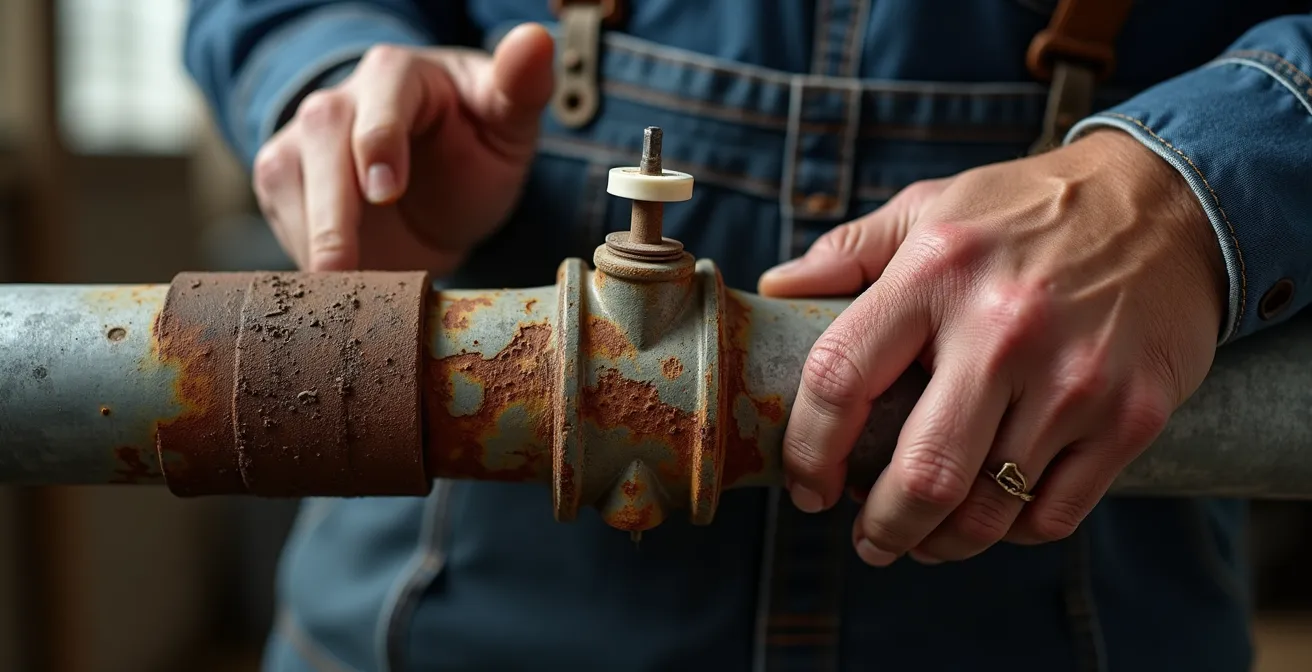 Main inspectant un raccord de tuyau galvanisé montrant des signes de corrosion et de rouille