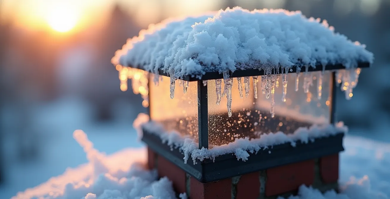 Inspection d'une cheminée extérieure en hiver montrant les points de vérification critiques