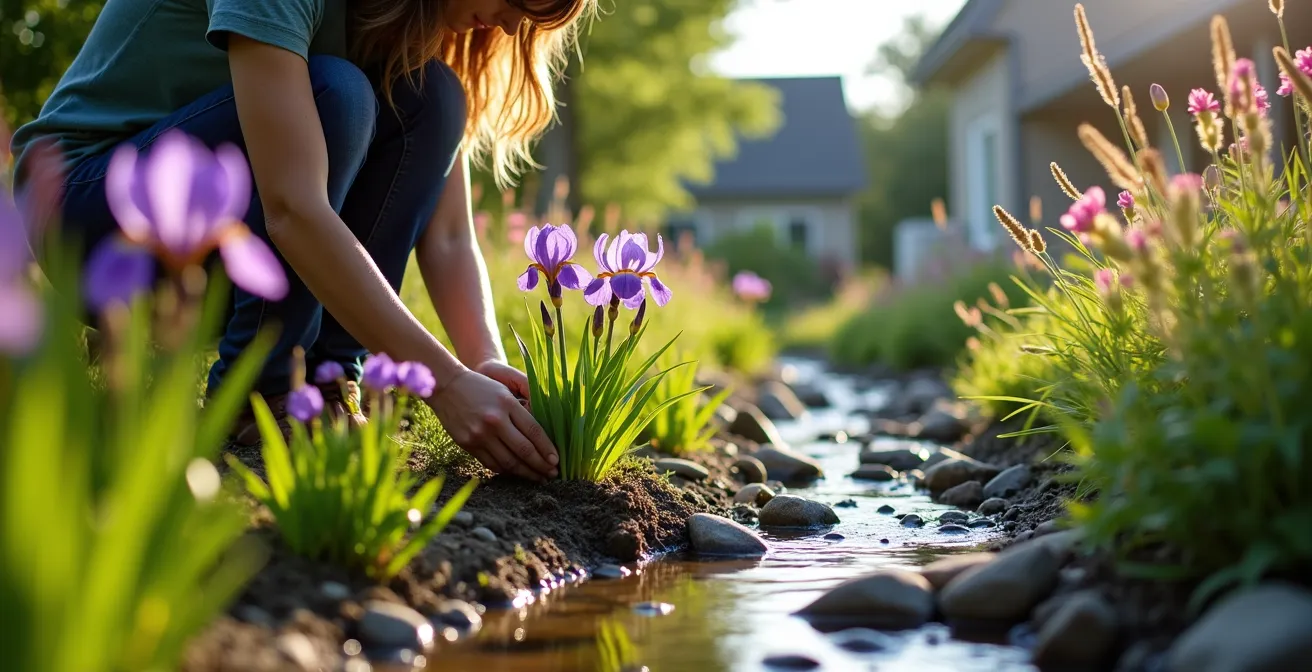 Jardin de pluie avec plantes indigènes du Québec et noue sèche décorative en pierres