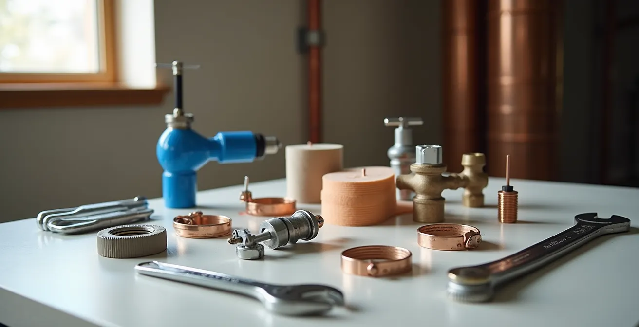 Kit d'urgence de plomberie avec manchons de réparation, raccords SharkBite et outils disposés sur établi