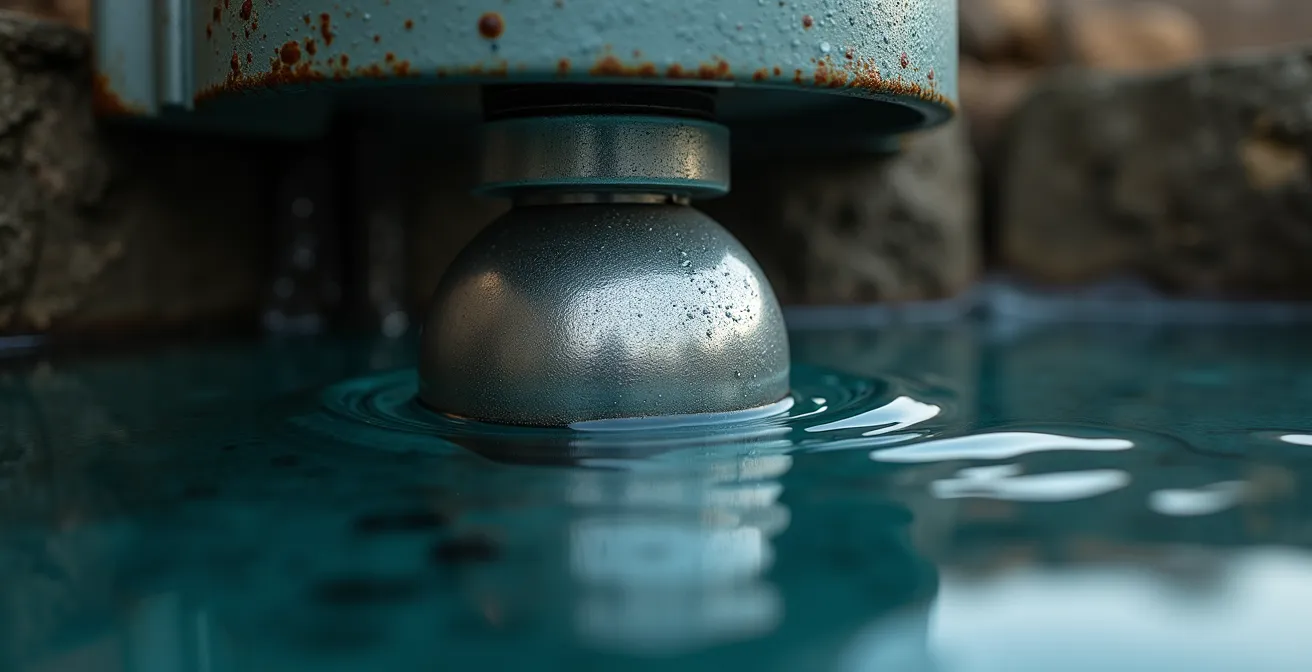 Vue macro détaillée du mécanisme d'un interrupteur à flotteur dans un puisard avec focus sur les composants internes