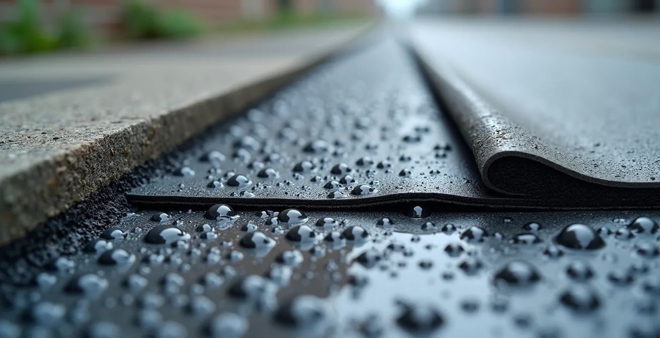 Gros plan sur différentes membranes d'imperméabilisation installées sur une fondation