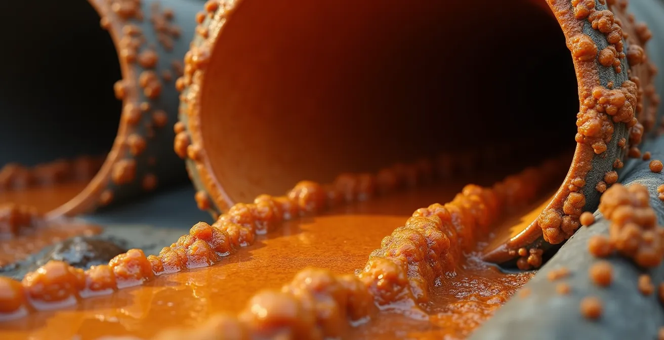 Gros plan sur des dépôts d'ocre ferreuse orange dans un système de drainage