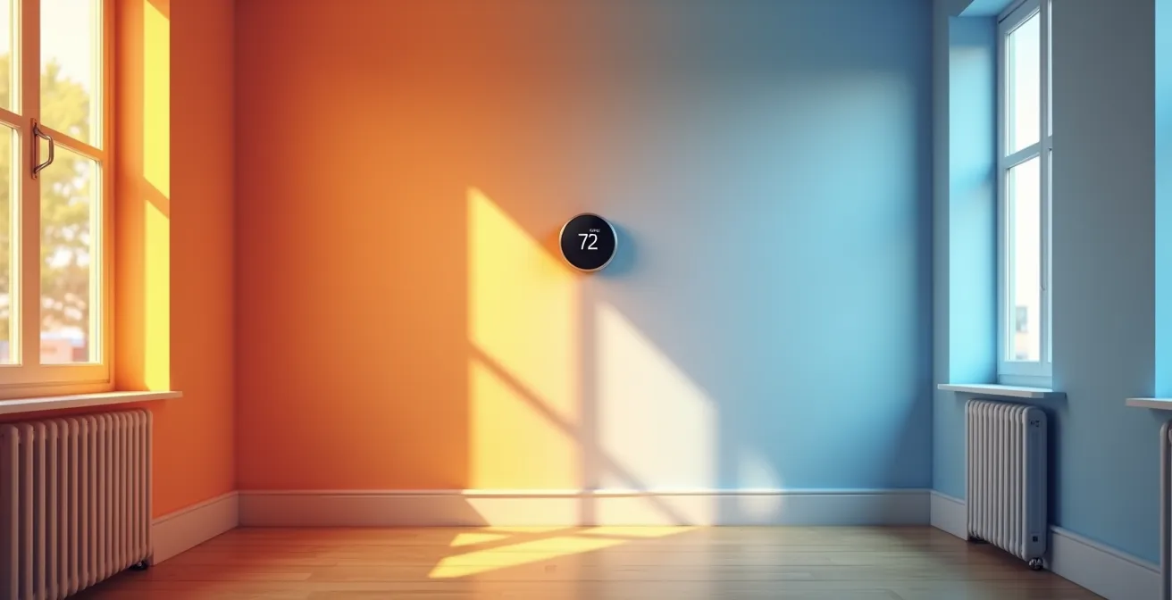 Vue intérieure montrant l'emplacement optimal d'un thermostat sur un mur intérieur d'une maison québécoise