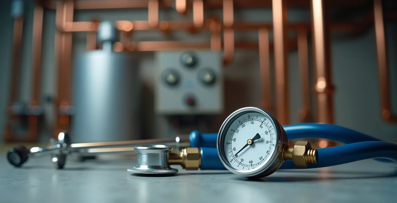 Plombier effectuant une inspection préventive complète d'un système de plomberie résidentiel québécois