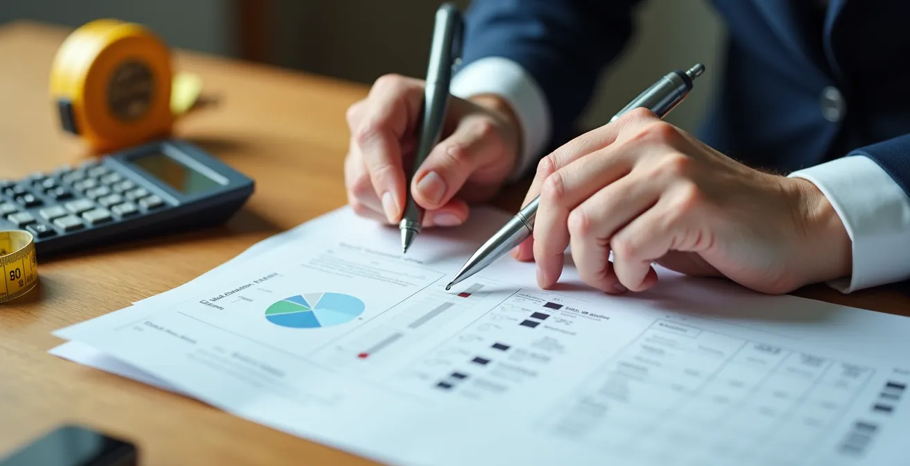 Mains de professionnel pointant des éléments clés sur un document de soumission de plomberie