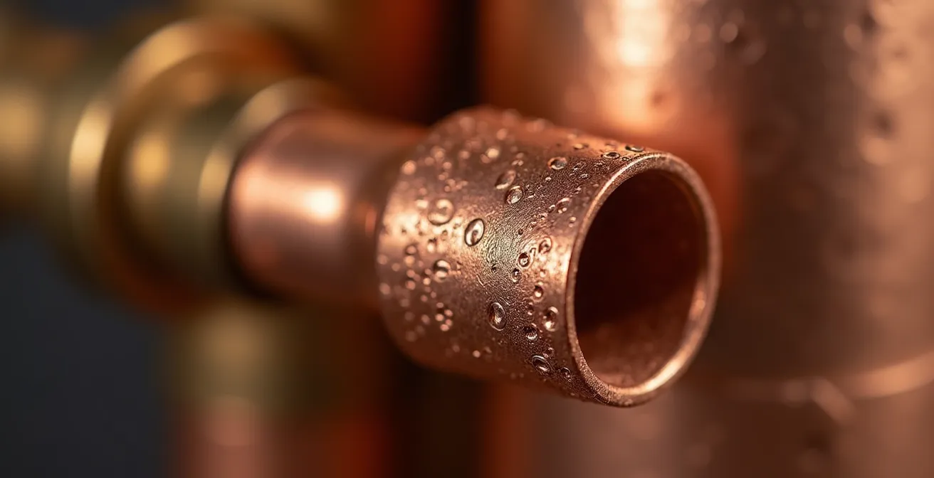 Détail macro d'un raccord de plomberie en cuivre de qualité professionnelle
