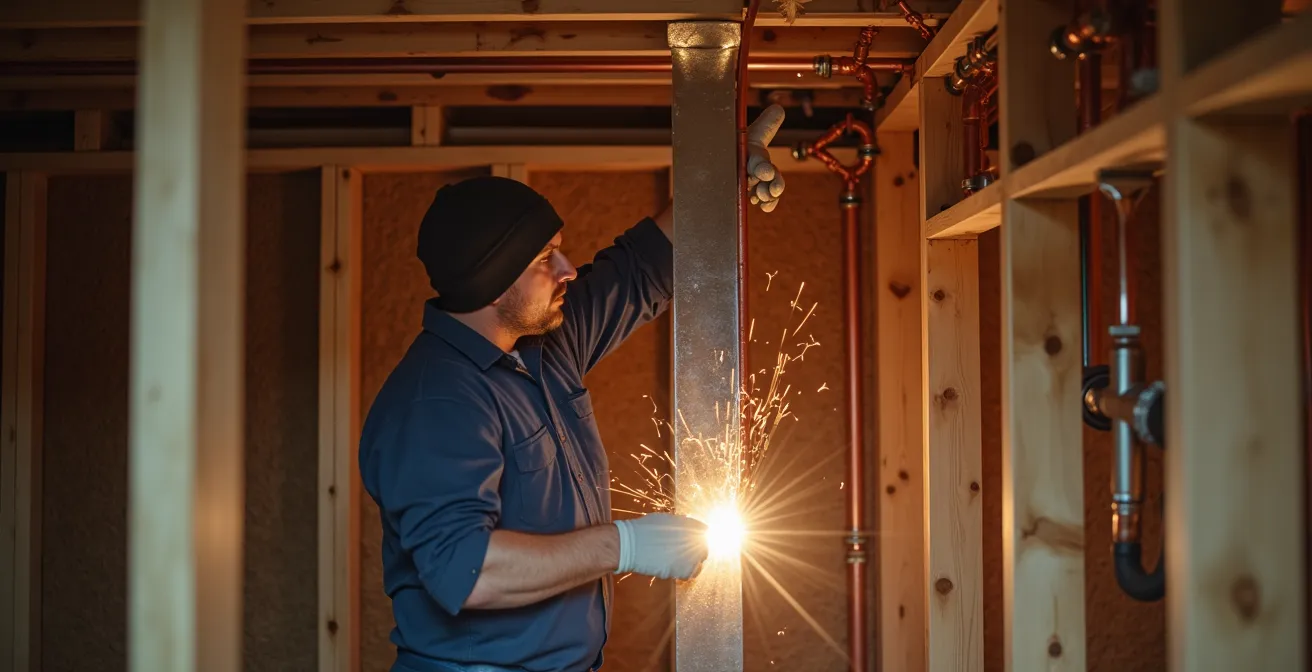 Installation d'un écran thermique protégeant les montants de bois lors d'une soudure sur tuyau de cuivre