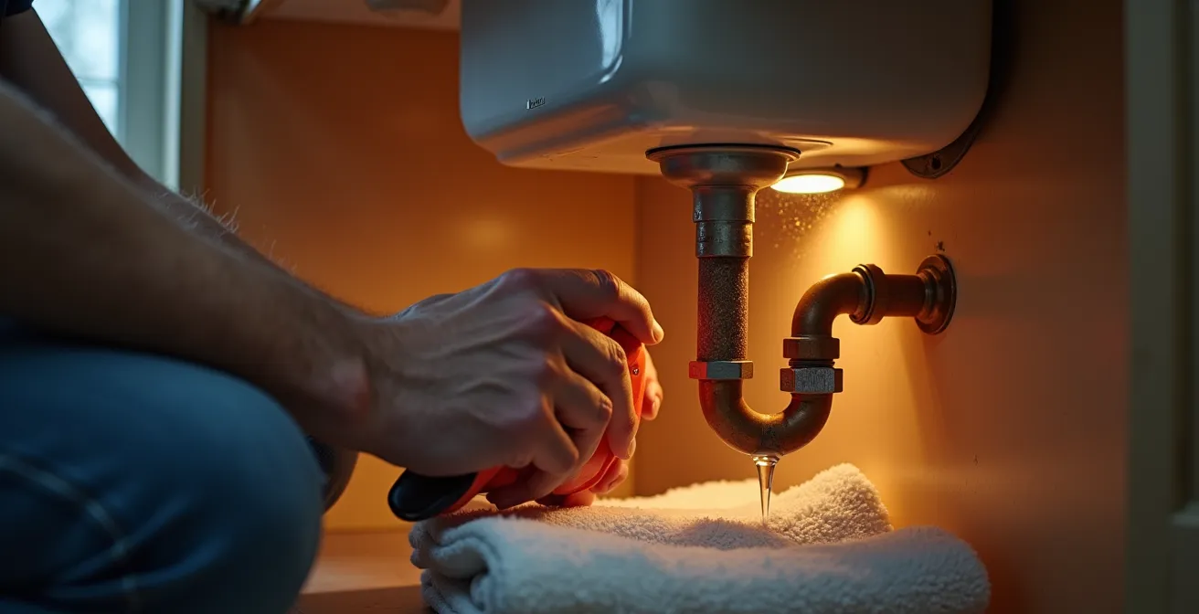 Séquence visuelle montrant les étapes d'intervention d'urgence sur un tuyau gelé dans une maison québécoise