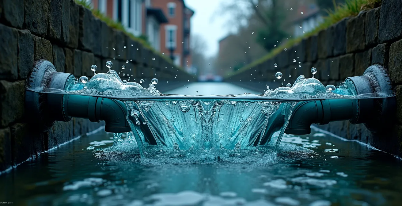 Vue en coupe d'un système d'égout municipal surchargé lors de fortes pluies avec pression sur les conduites résidentielles