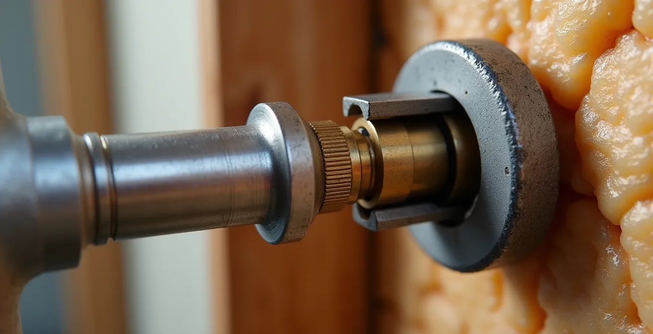 Coupe technique montrant la différence entre un robinet standard et un robinet antigel avec mécanisme à l'intérieur du mur chauffé