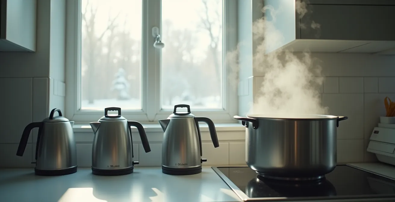 Cuisine québécoise avec plusieurs bouilloires électriques en rotation sur le comptoir