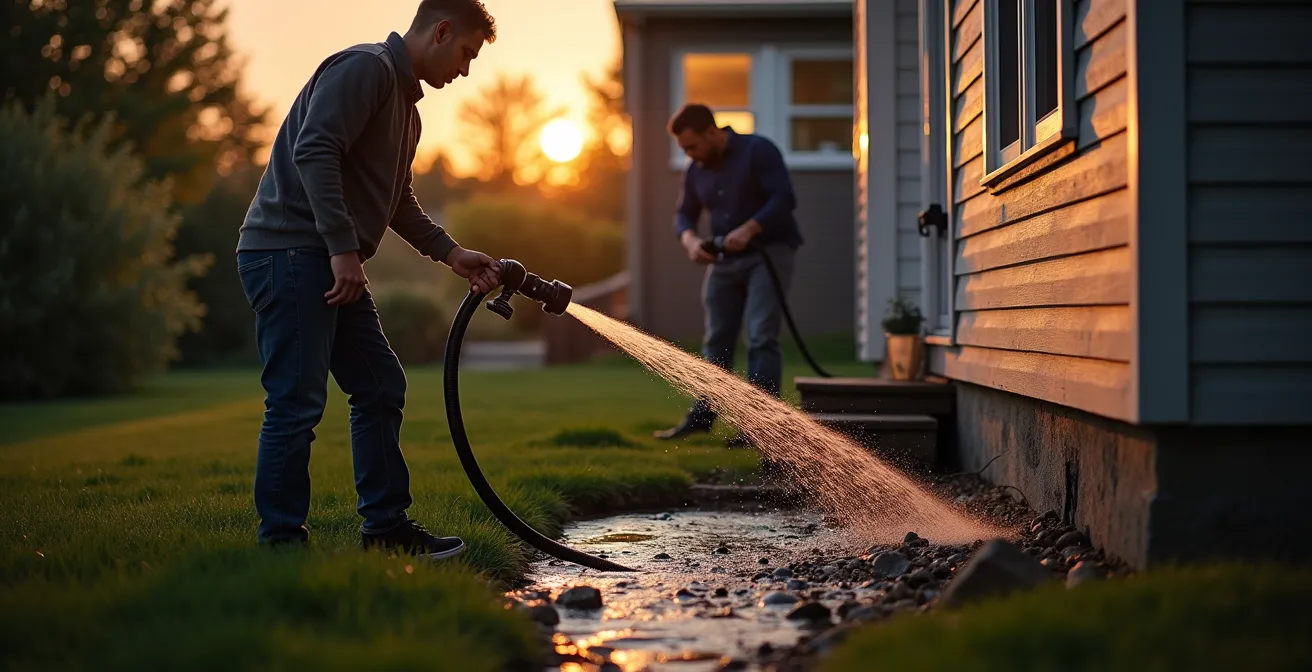 Deux personnes effectuant un test d'arrosage pour vérifier le drain français
