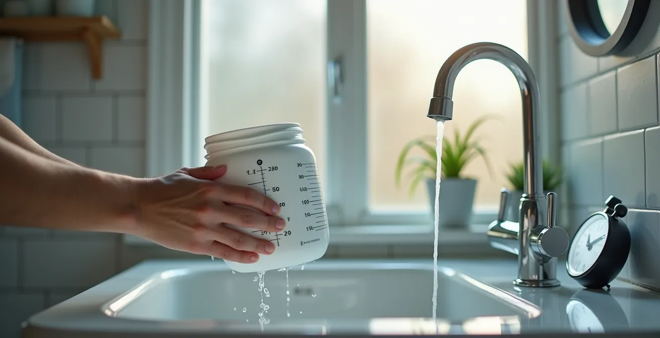 Mains tenant un seau sous un robinet avec un chronomètre visible montrant un test de débit en cours