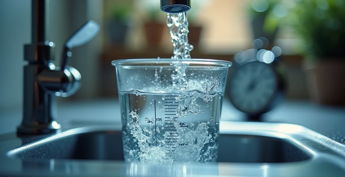 Gros plan sur un seau gradué sous un robinet avec de l'eau qui coule et un chronomètre visible