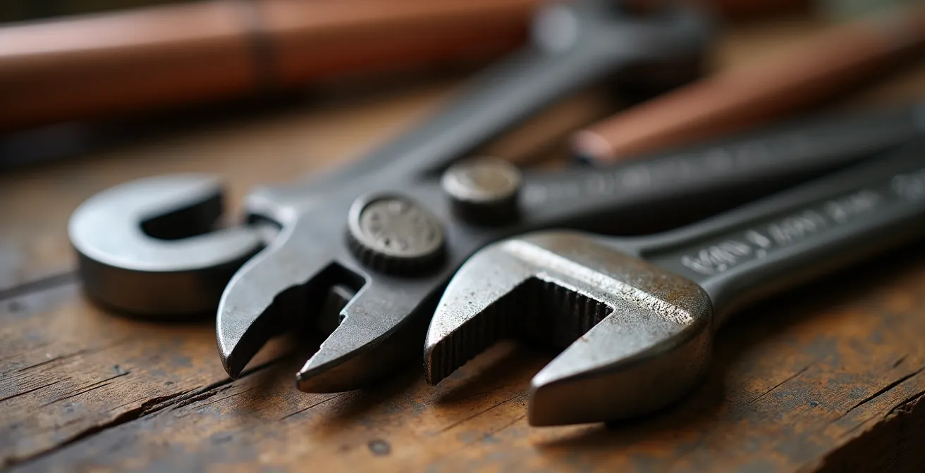Trois outils de plomberie essentiels, clé à molette, pince multiprise et clé serre-tube, disposés sur une surface de bois avec des tuyaux de cuivre.