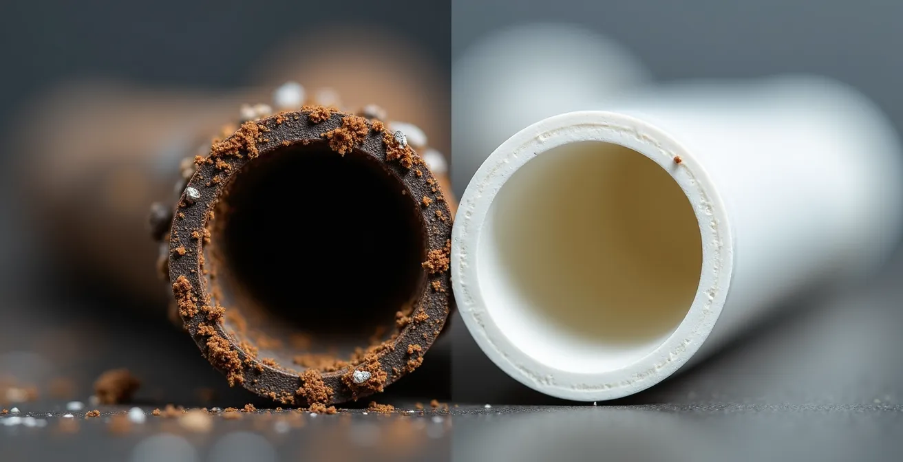 Comparaison visuelle entre un tuyau de fonte centenaire avec corrosion et un tuyau PVC moderne neuf