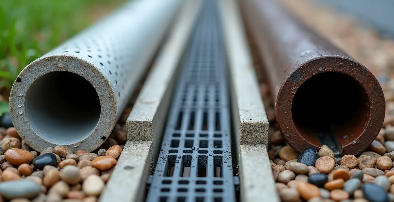 Comparaison visuelle de trois types de systèmes de drainage de surface : caniveau, regard et tranchée drainante