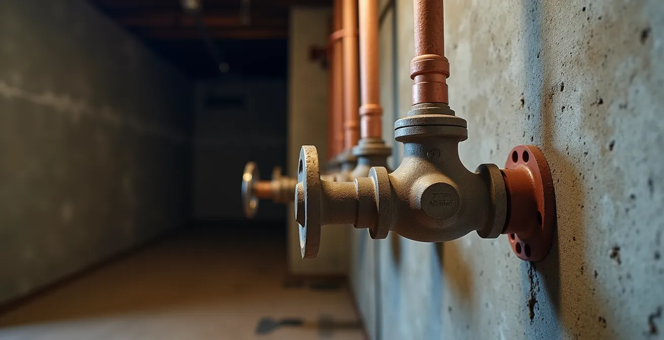Vue d'ensemble d'une vanne d'arrêt principale typique dans un sous-sol québécois