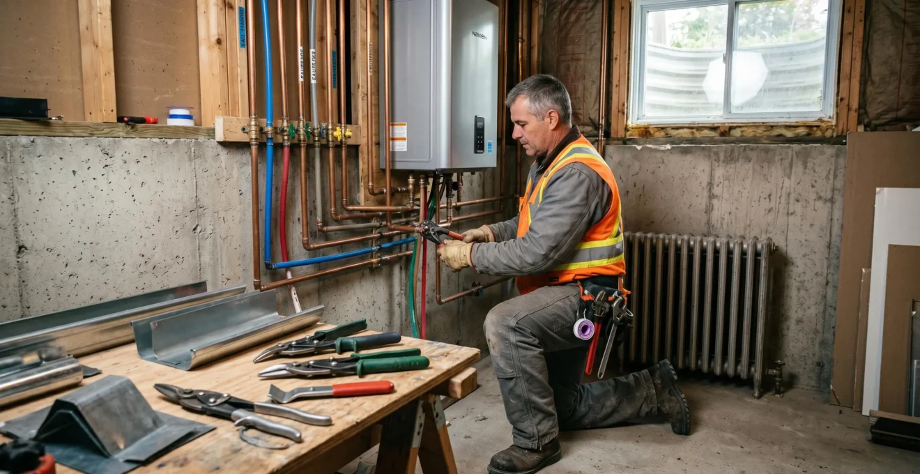 Entrepreneur en plomberie dans sous-sol résidentiel québécois entouré de tuyauterie cuivre et PEX, radiateur à eau chaude, chaudière murale et outils de zinguerie, illustrant les trois spécialités de plomberie